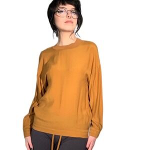 DKNY Mustard Yellow Long Sleeve Top Smocked Hem Blouson Minimalist Basic XSmall